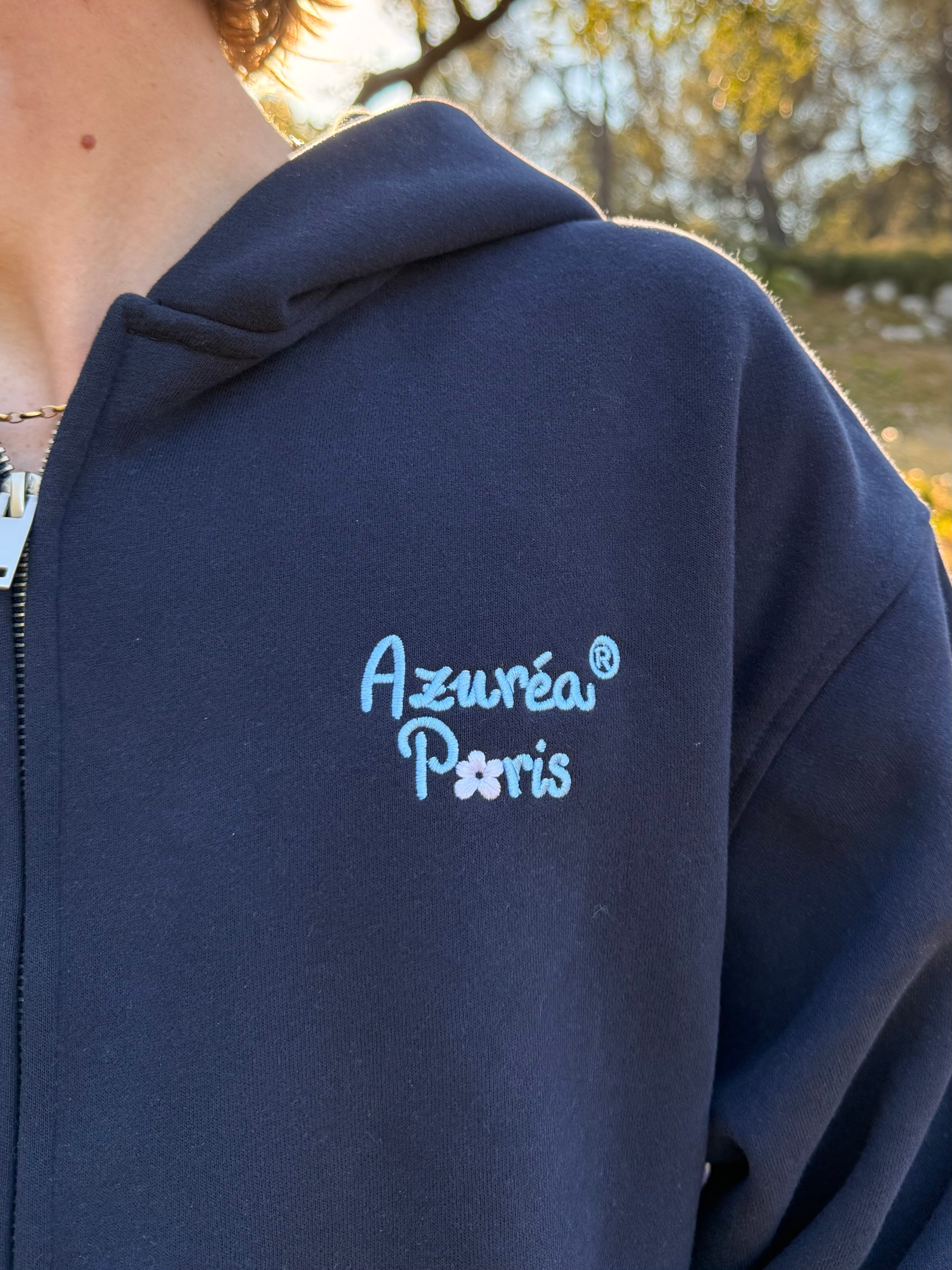Sudadera con cremallera bordada "Life is Flower" - Azul Atlántico