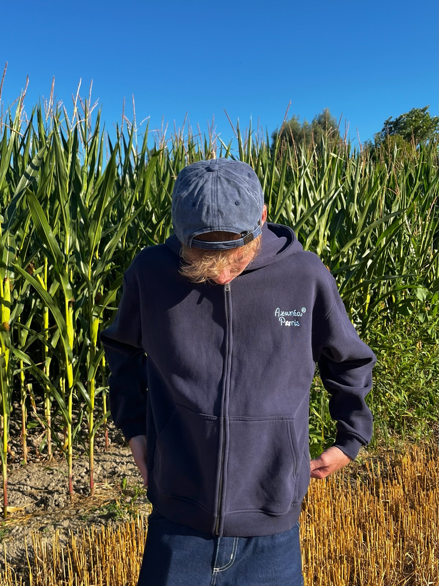 Sudadera con cremallera bordada "Life is Flower" - Azul Atlántico