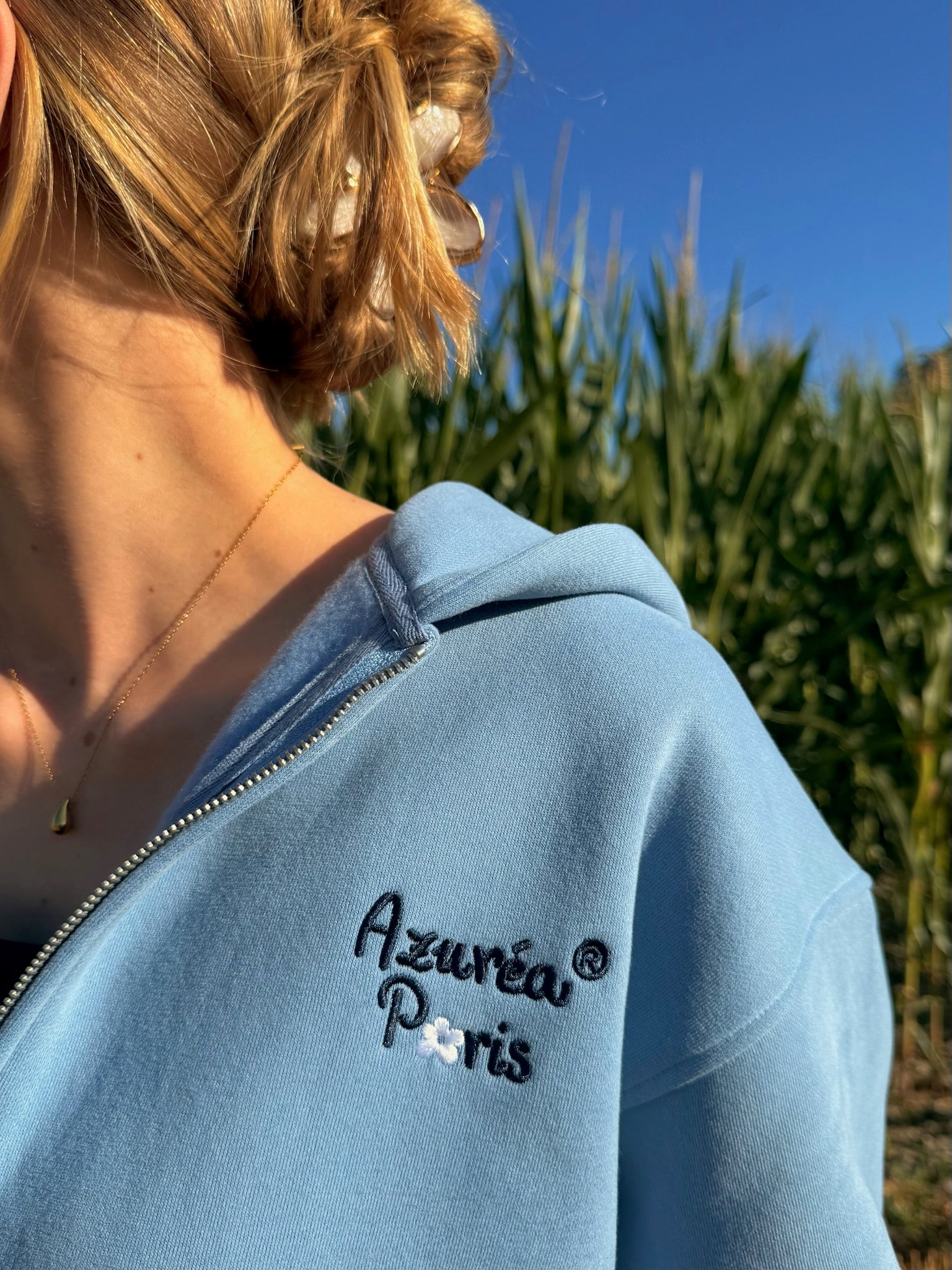 Embroidered Zipper "Life is Flower" Sweatshirt - Pacific Blue